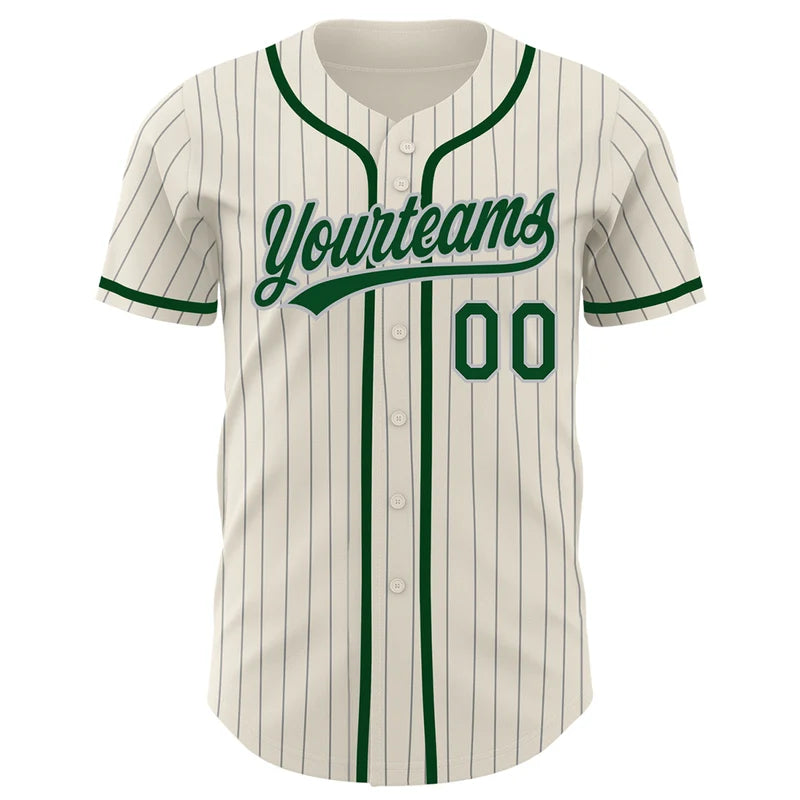 Custom Cream Gray Pinstripe Green Baseball Jersey
