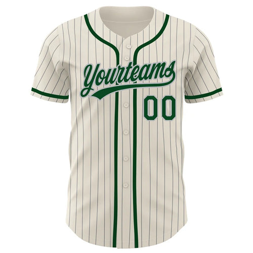 Custom Cream Gray Pinstripe Green Baseball Jersey
