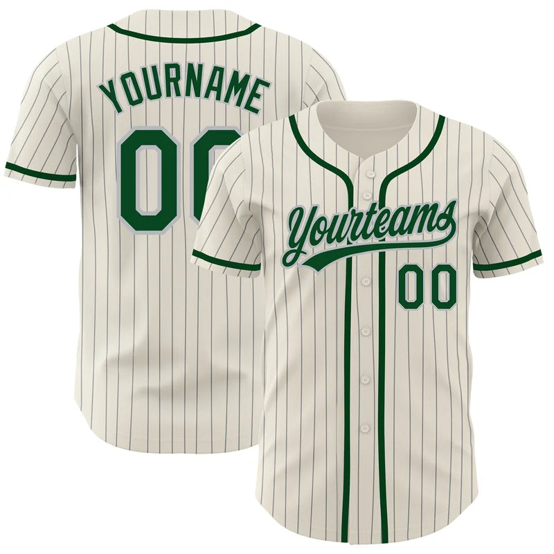 Custom Cream Gray Pinstripe Green Baseball Jersey